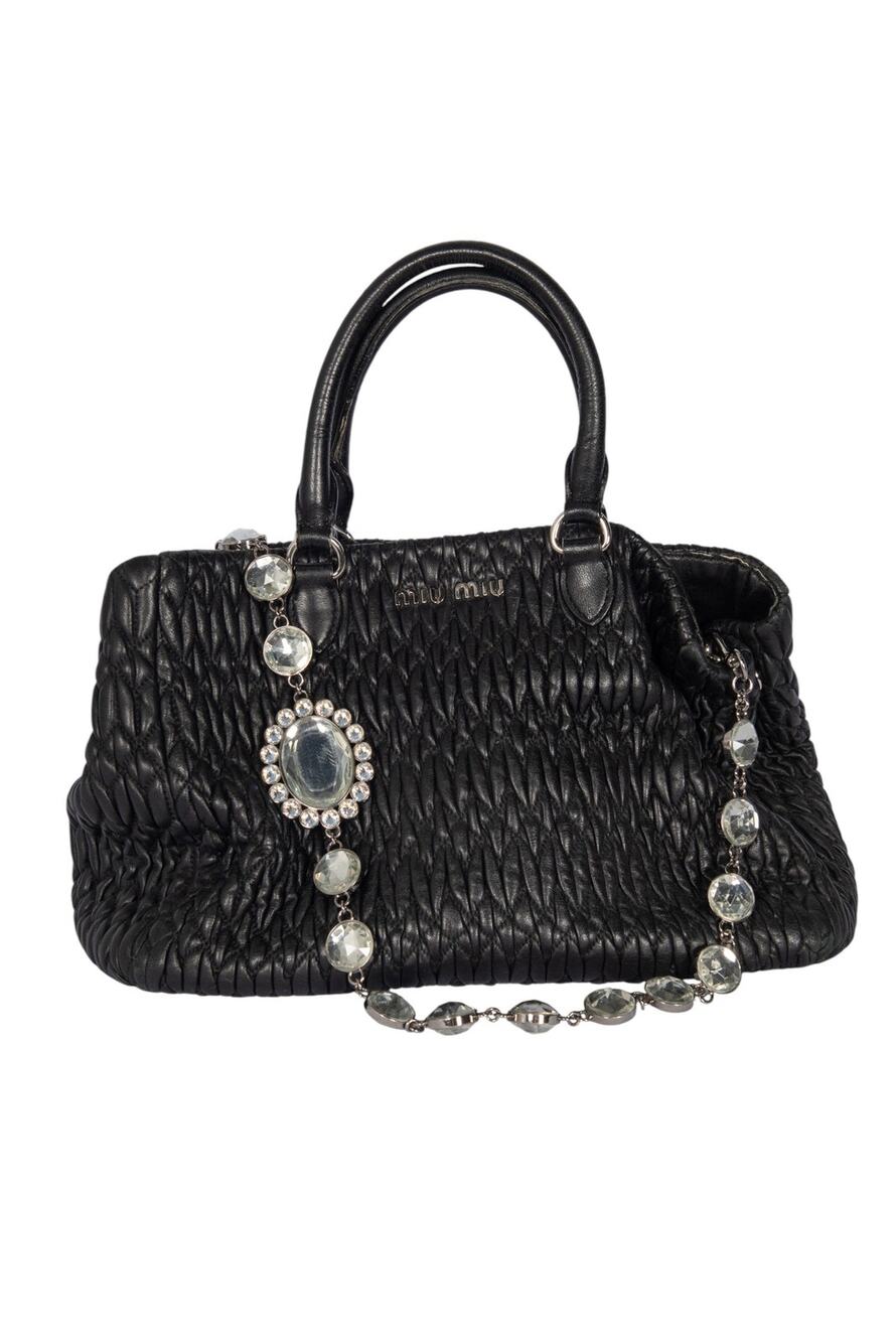 MIU MIU Black Matelassé Nappa Leather Crystal Shoulder Bag